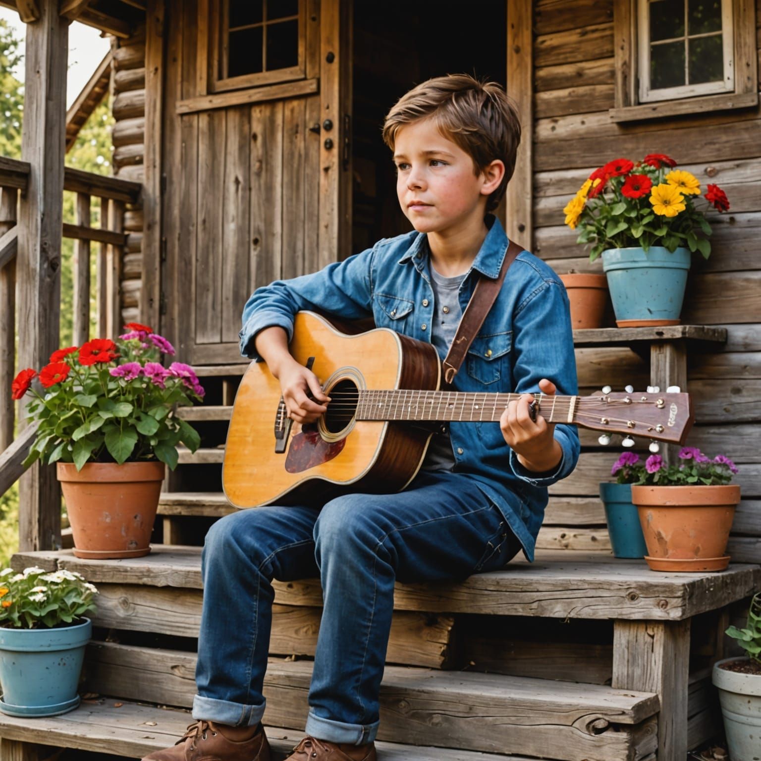 Boy Plays Guitar on Rustic Cabin Steps