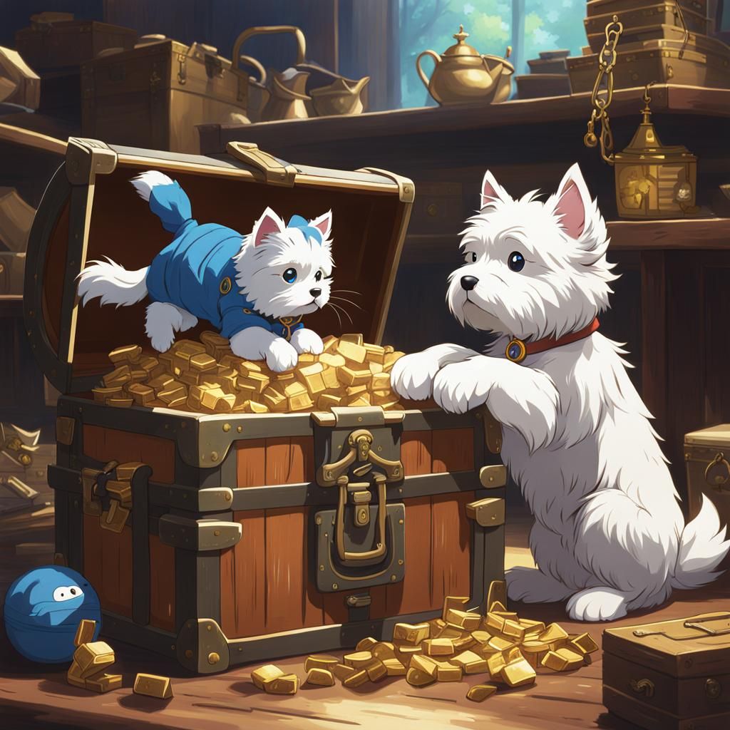 Westie and Russian Blue with Treasure, Ghibli Style
