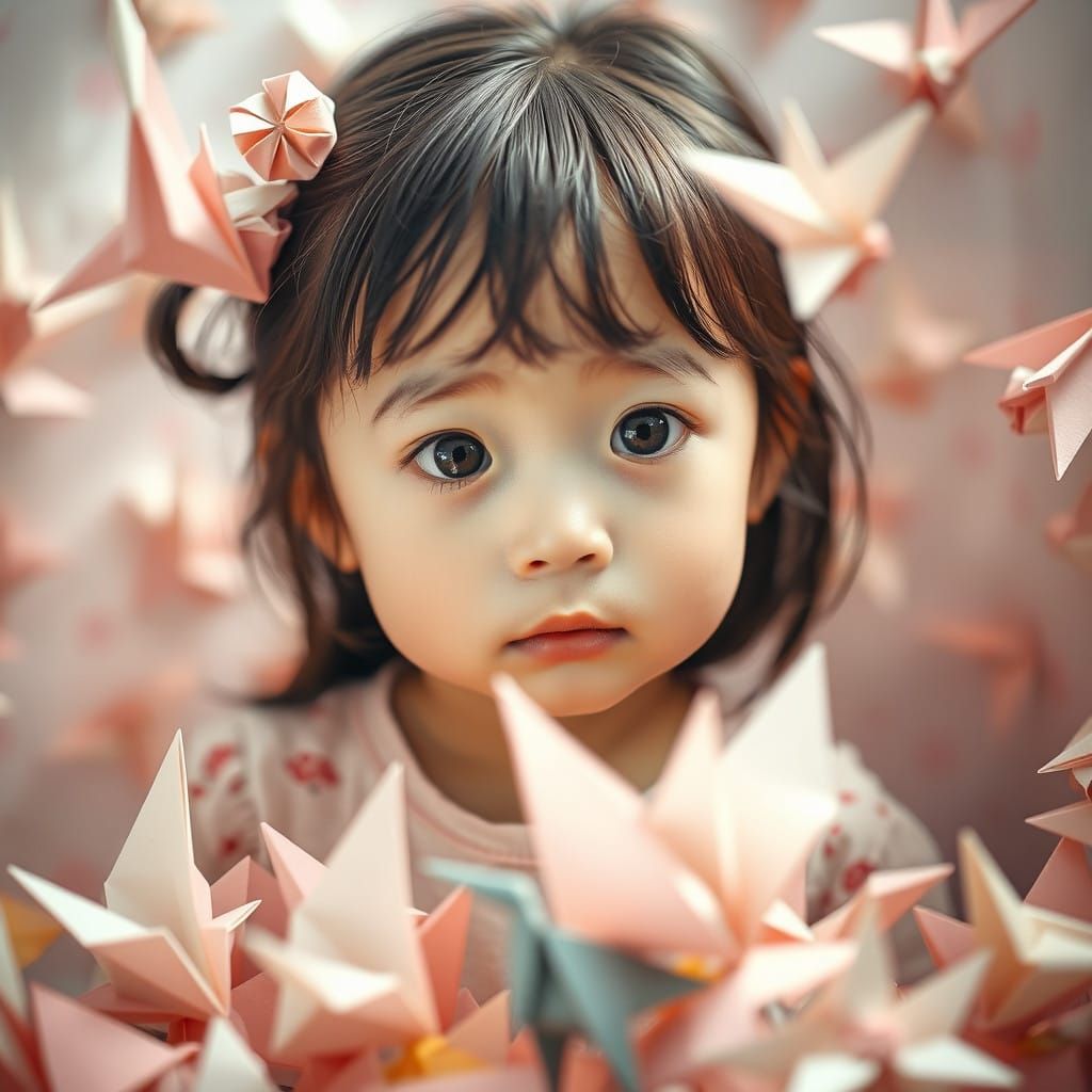 Little Girl Surrounded by Origami Whimsy