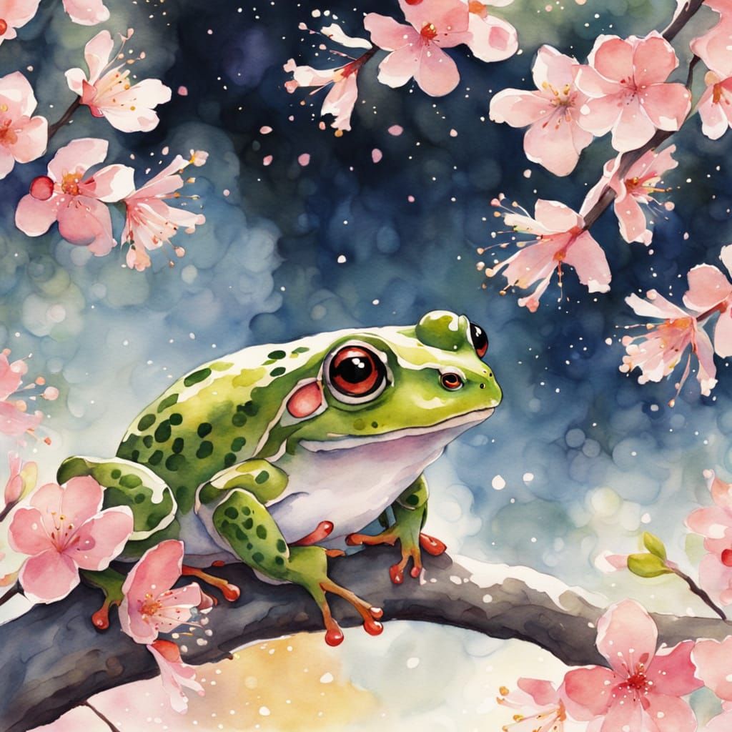 Frog in Kimono Observes Cherry Blossoms: Watercolor Illustra...
