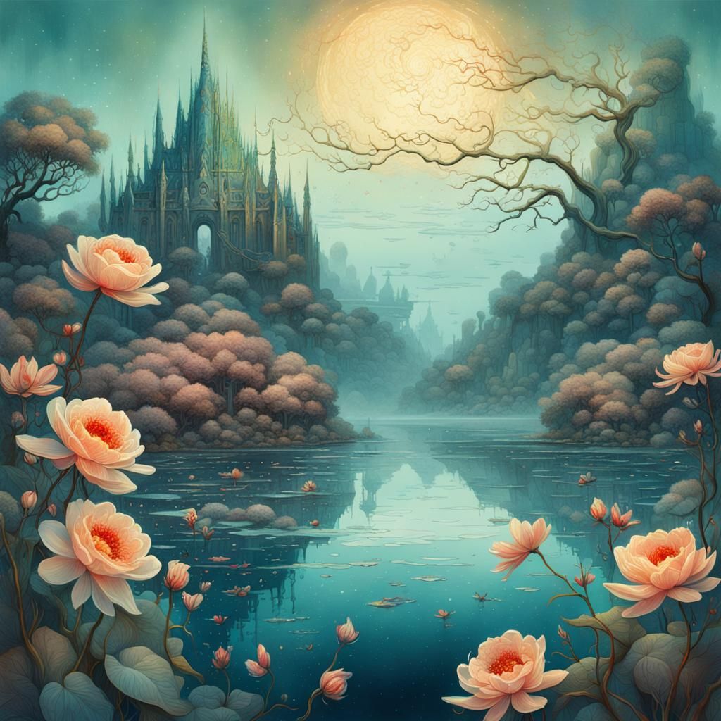 Fantasy Evening Landscape with Flowers in Digital Painting S...