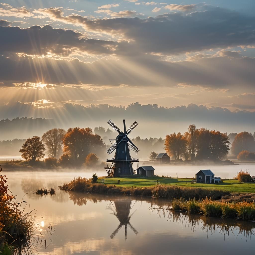 Picturesque Windmill Farm at Sunset with Fog