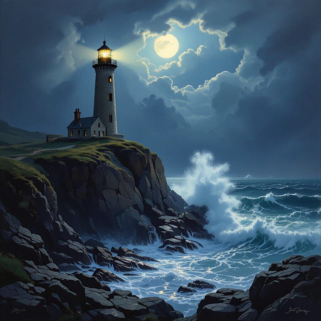 Majestic Lighthouse on Cliff During Stormy Night