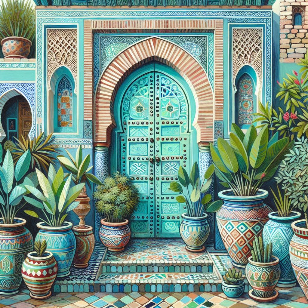 Aqua Moroccan Door with Tropical Plants in Naive Art