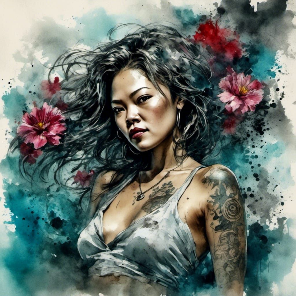 Maori Girl with Tattoos on Beach in Grunge Style