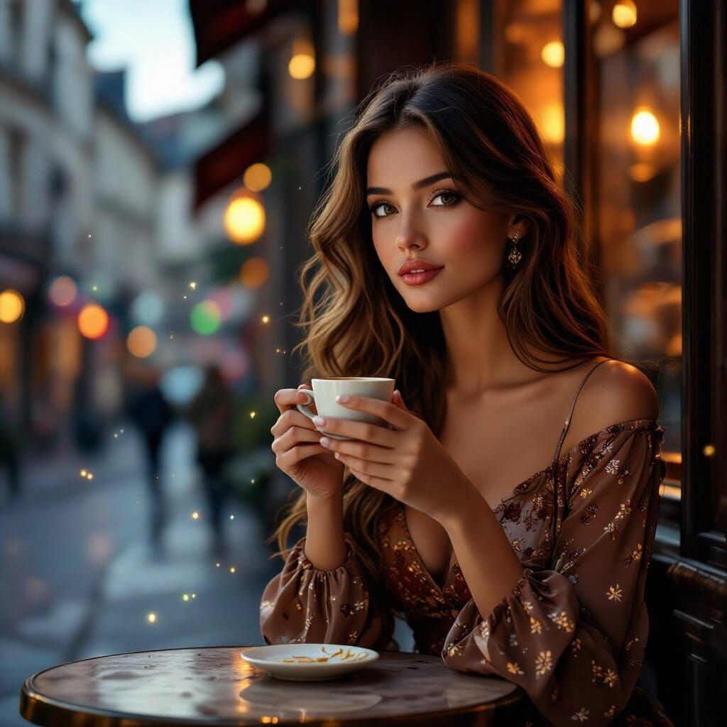 Woman in Autumn Dress at Twilight Cafe in Angers