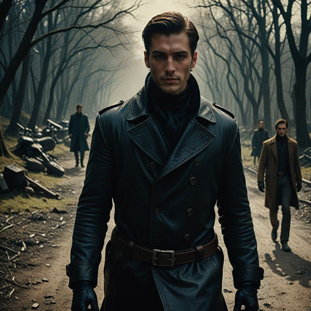 Tall, Powerful Man in Black Coat, Slicked Back Hair, Leather...