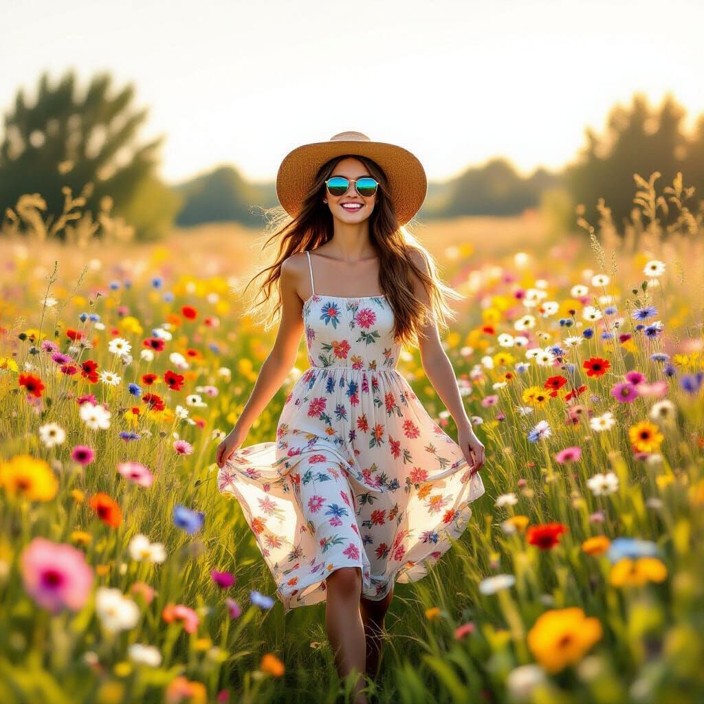 Joyful Girl in Wildflower Meadow as Impressionistic Painting