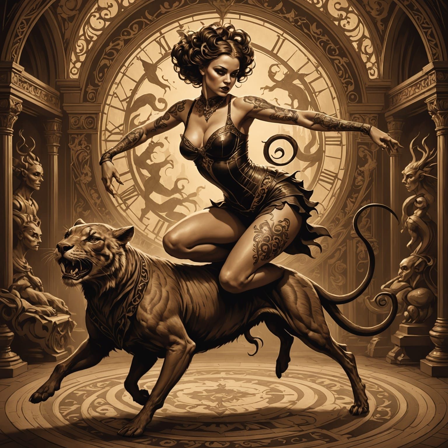 Tattooed Contortionist's Dance in Sepia Tone