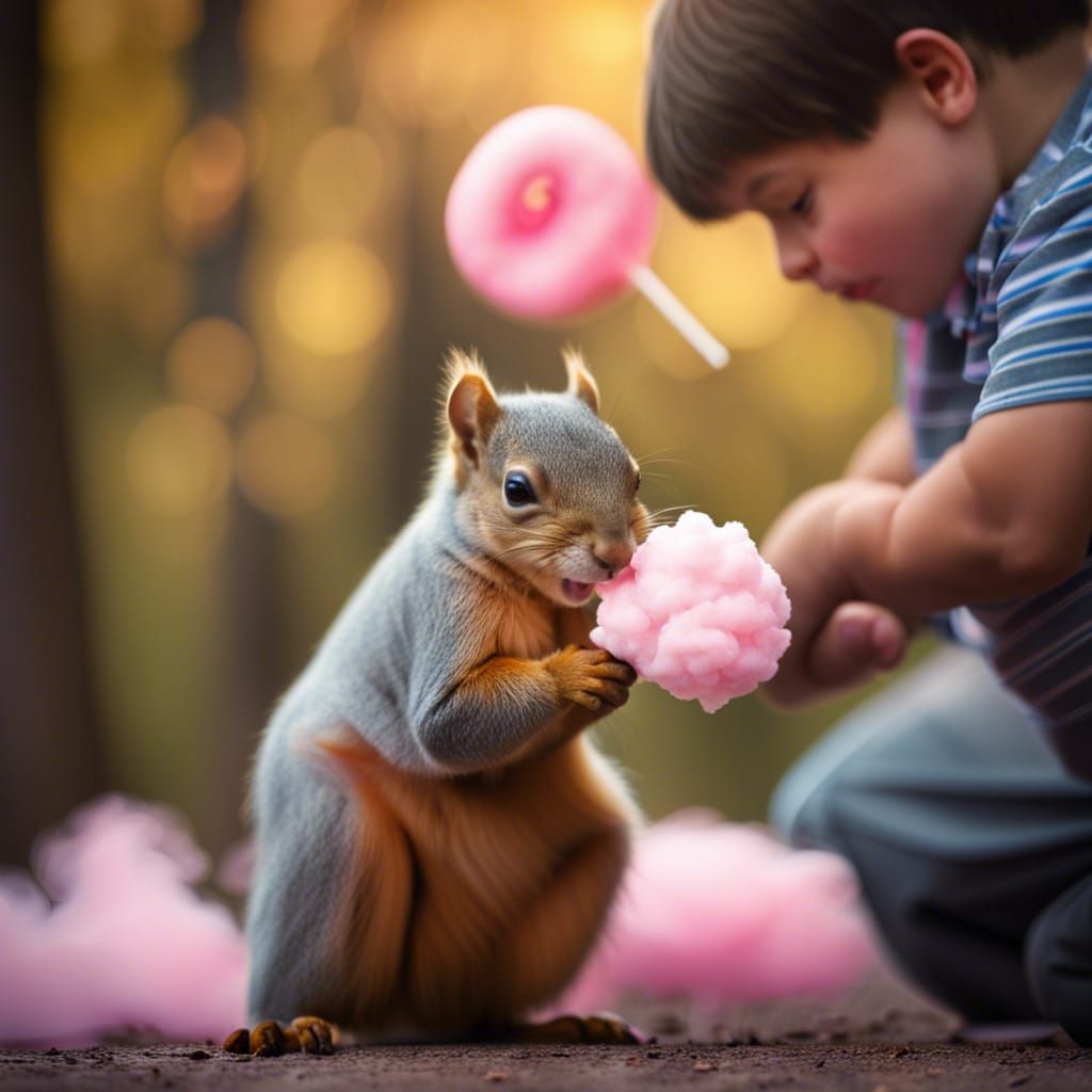 a squirrel steals cotton candy from a chubby boy