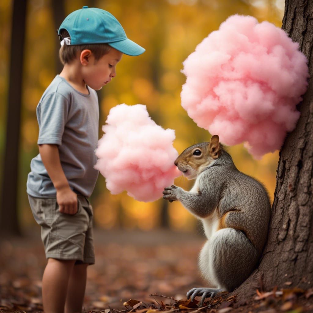 a squirrel steals cotton candy from a chubby boy III