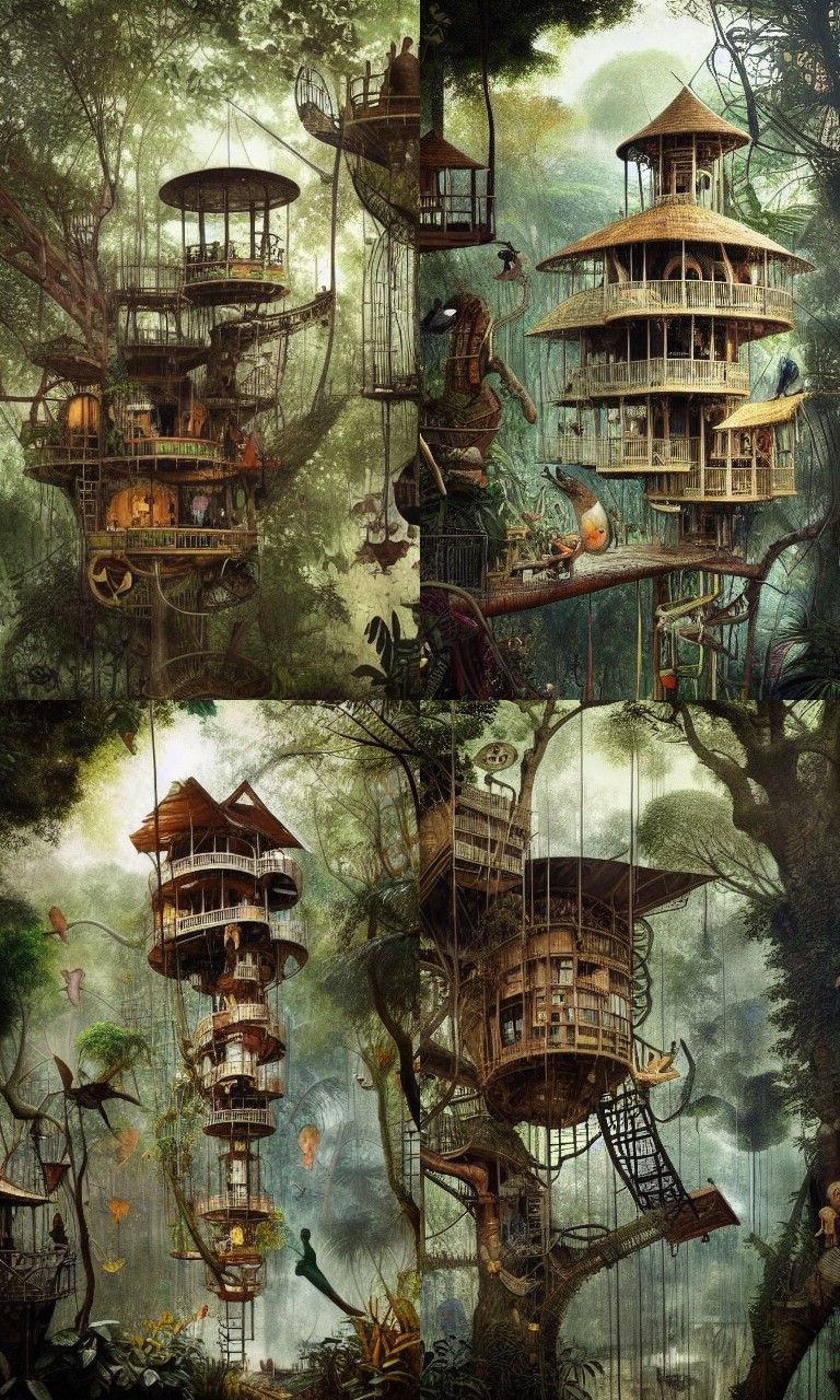 Jungle Treehouse Interior in Mixed Media Style