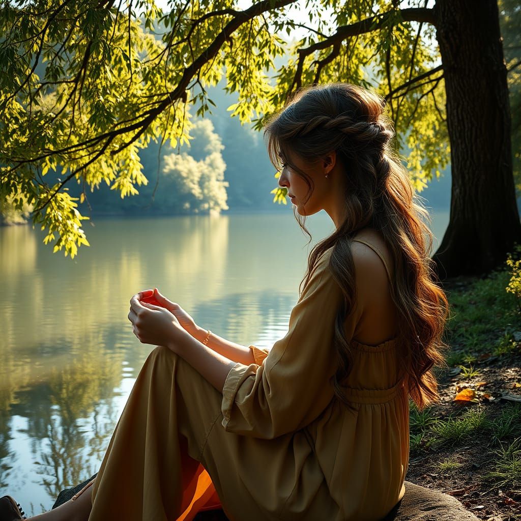 Serene Lake Landscape with Braiding Woman in Photorealistic ...