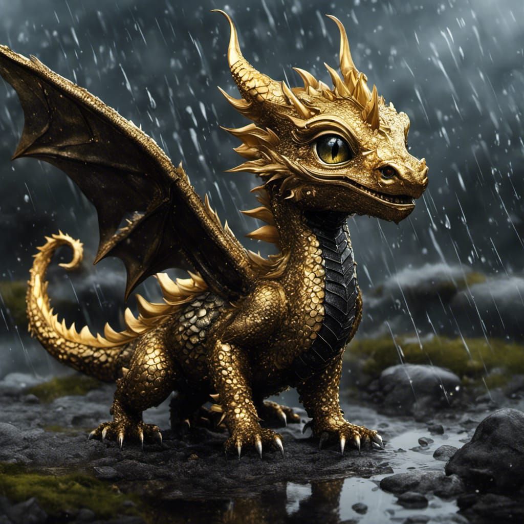 Adorable Chibi Dragon in Rainy Weather