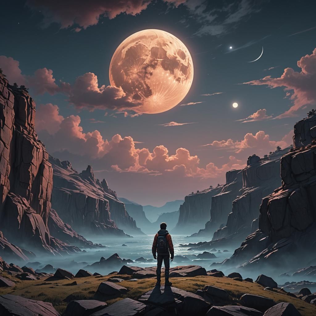 Miniature Person Contemplates Immense Moon: Cinematic Digita...