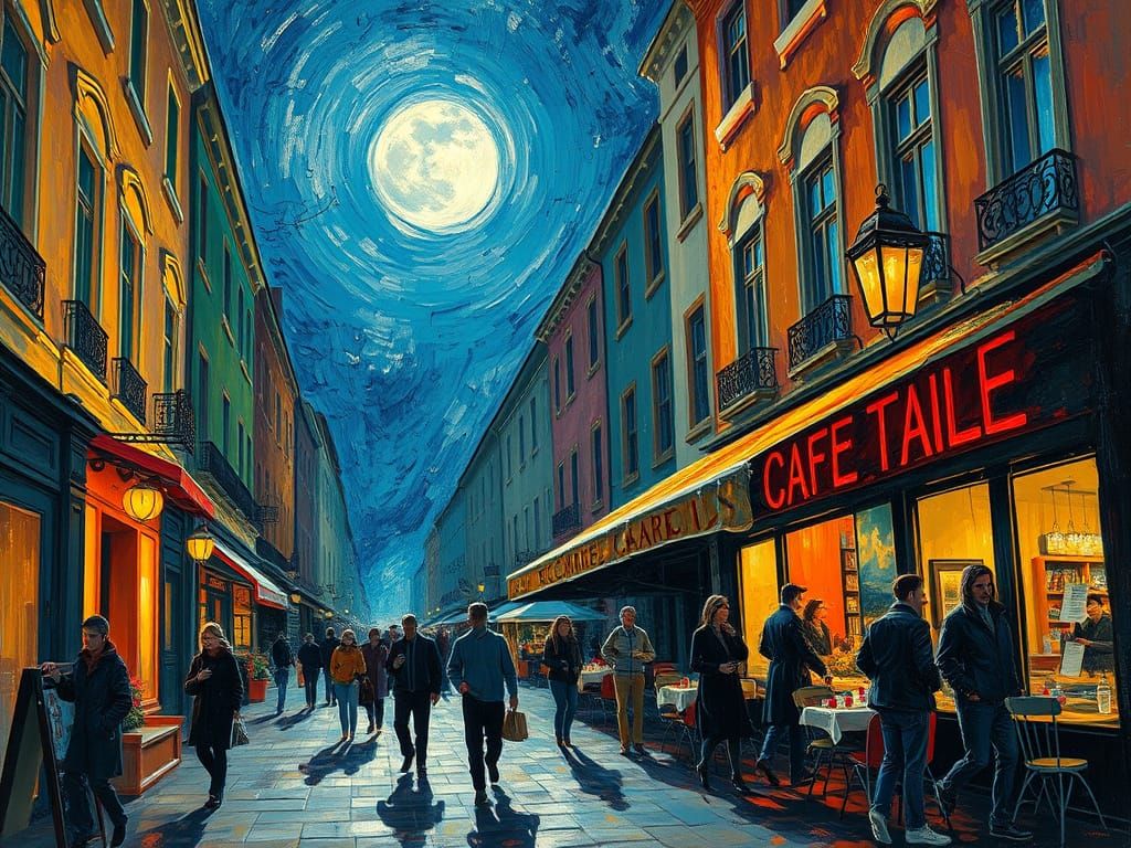 Charming Night Street Scene in Expressive Impasto Style