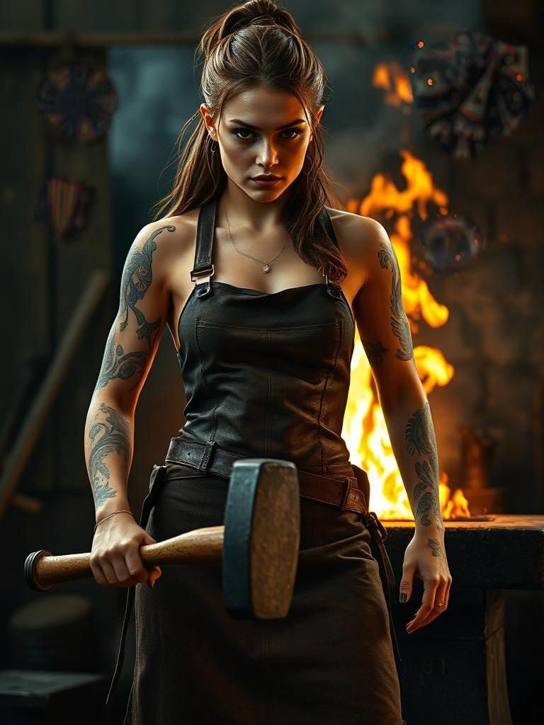Blacksmith Woman at Forge: Digital Art Portrait