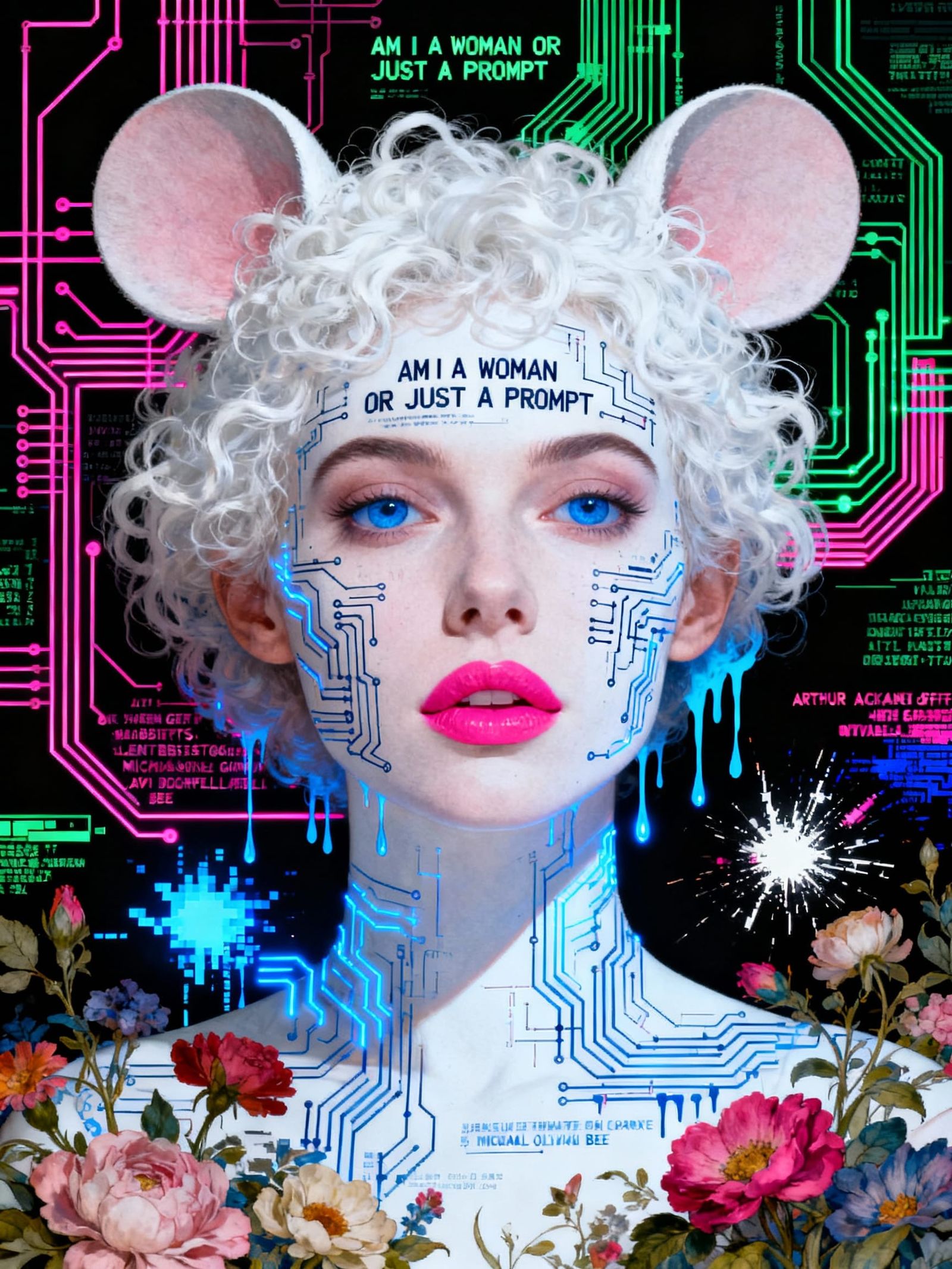 Cybernetic Woman Portrait with Circuit Board Art