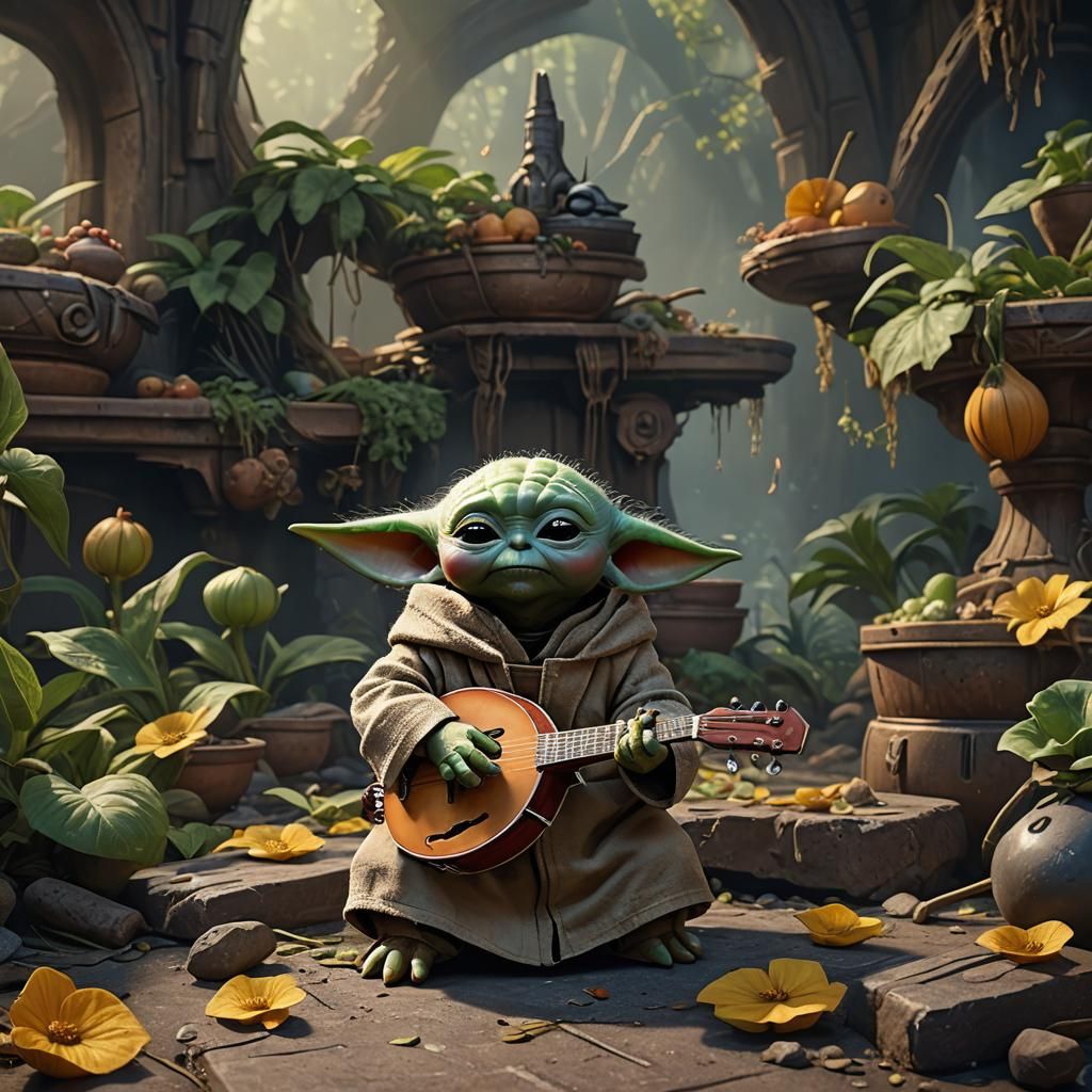 Baby Yoda Plays Mandolin: Detailed Fantasy Art