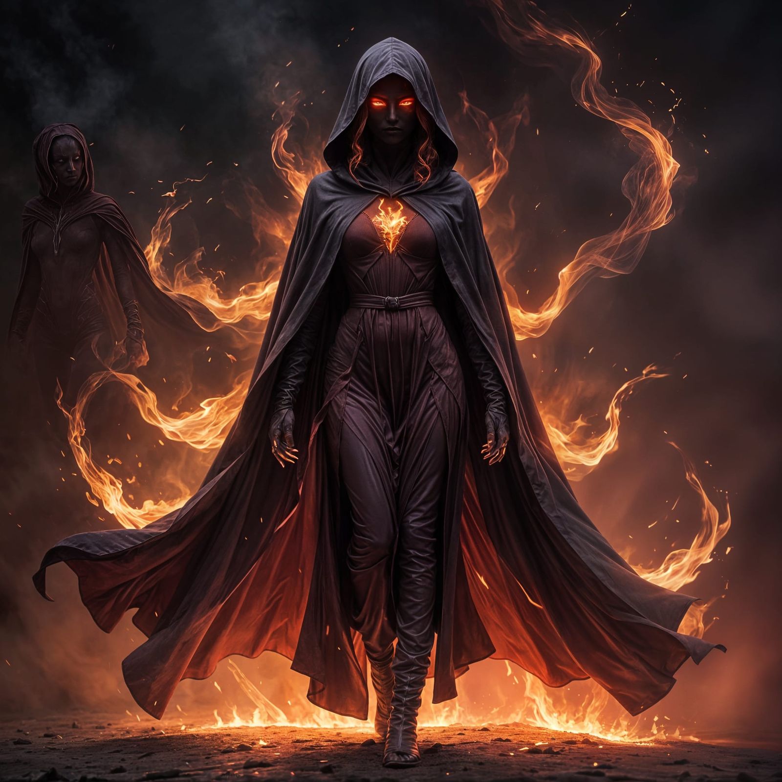 Ethereal Crimson Specter in Fiery Cloak