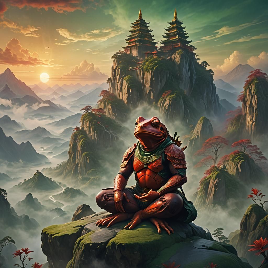 Red Frog Warrior on Misty Mountain Peak