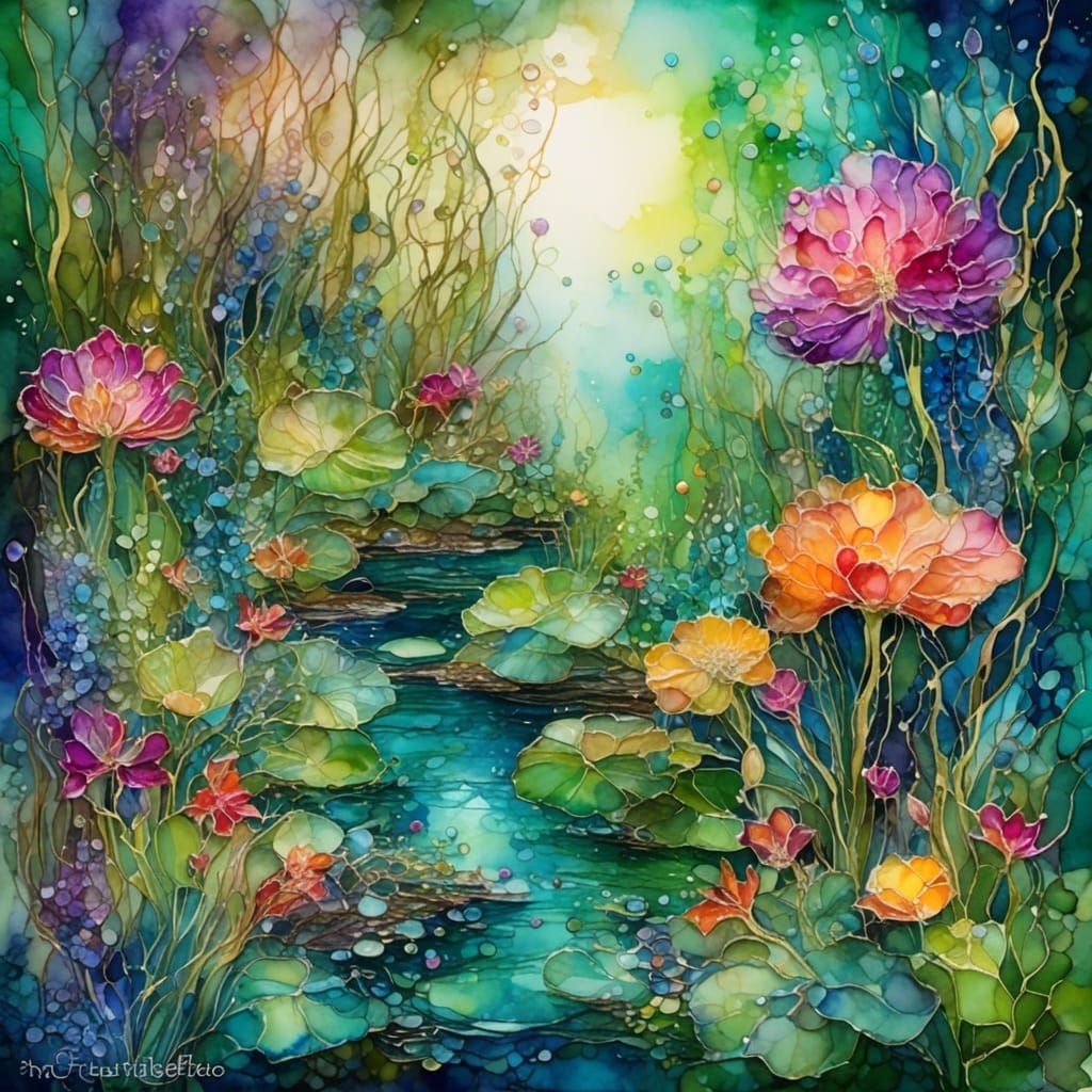 Lush Fantasy Garden in Alcohol Ink Style