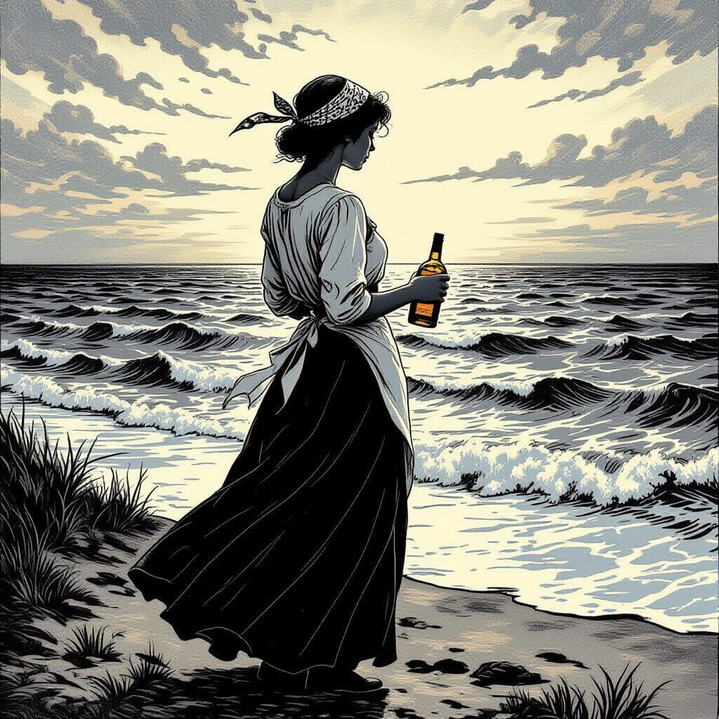 Woman on Shore in Style of 1890s Woodcut