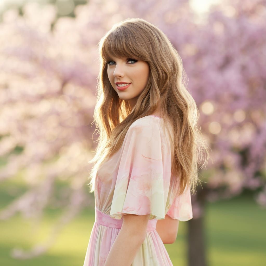 Taylor Swift in Soft Golden Light with Cherry Blossoms
