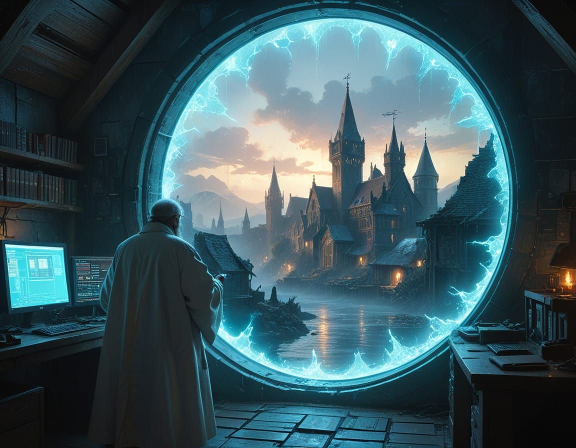 Mad Scientist Views Medieval Village Through Plasma Portal