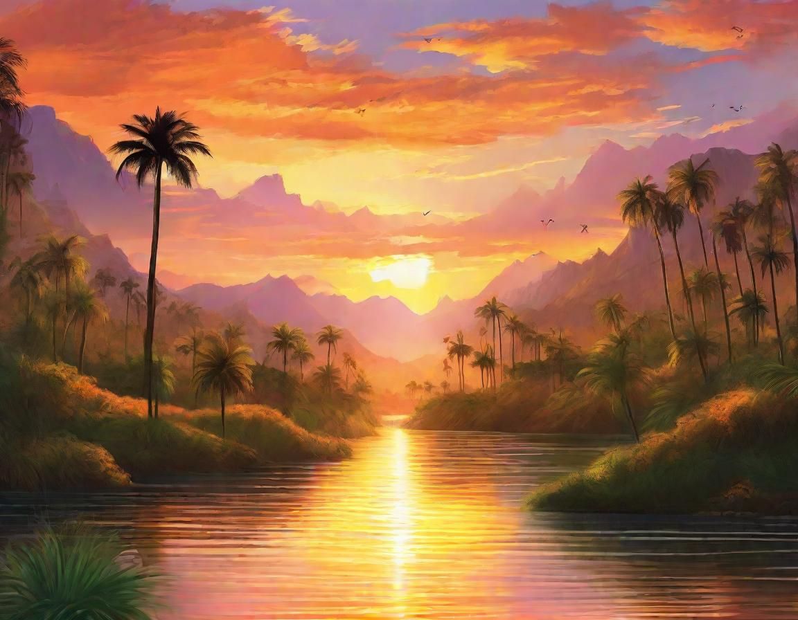 Lush Valley Sunset: Fantastical Digital Painting
