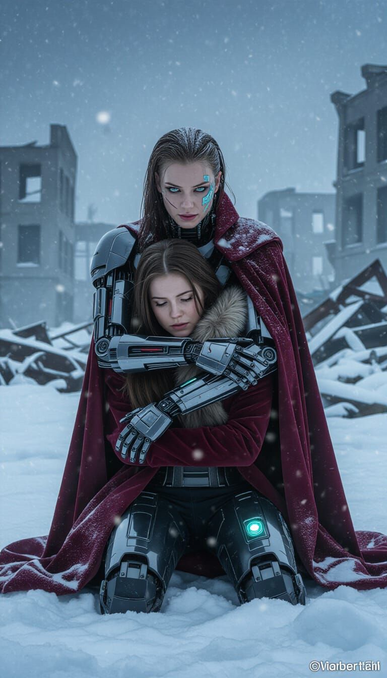 Android Protects Human Woman in Winter Storm