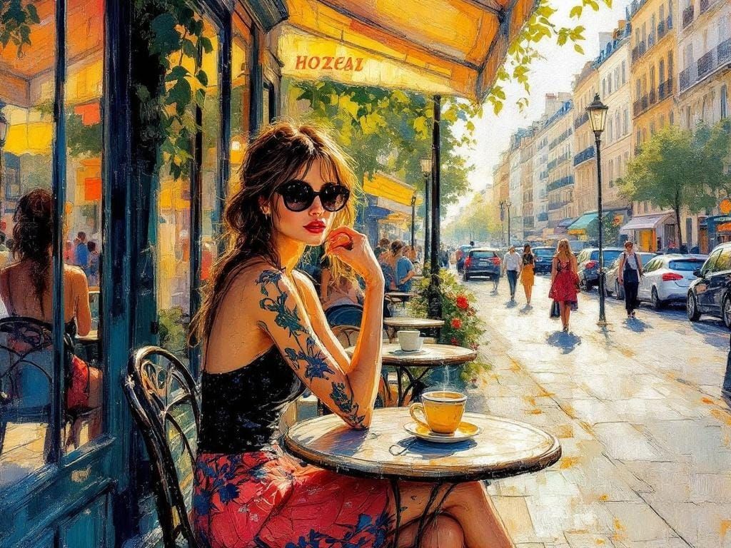 Parisian Cafe Scene in Impressionist Style