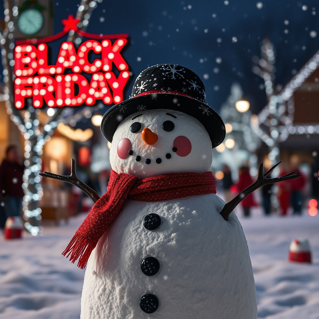 Black Friday snowman night close-up