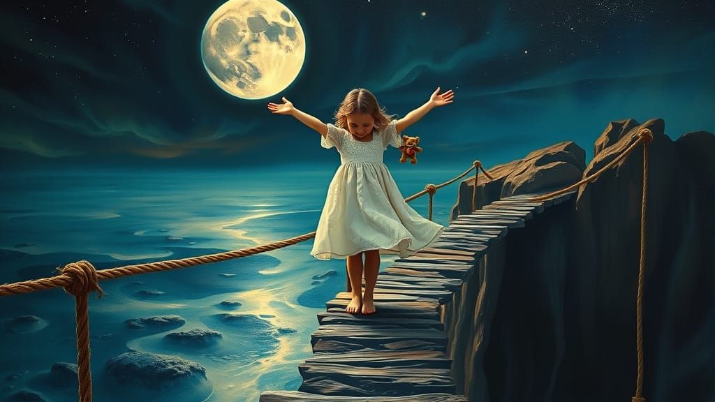 Girl on a Dreamlike Bridge Suspended Between Moon and Earth