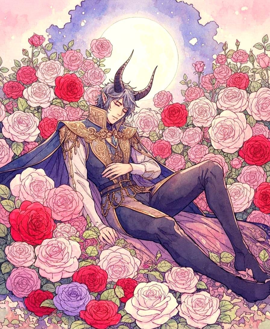 Sleeping Demon Prince in Moonlight: Gothic Watercolor Painti...