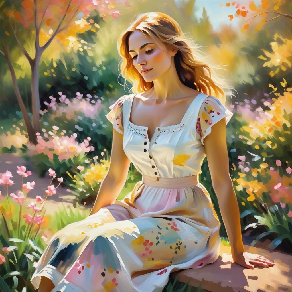 Impressionist Woman in Sun-Dotted Garden
