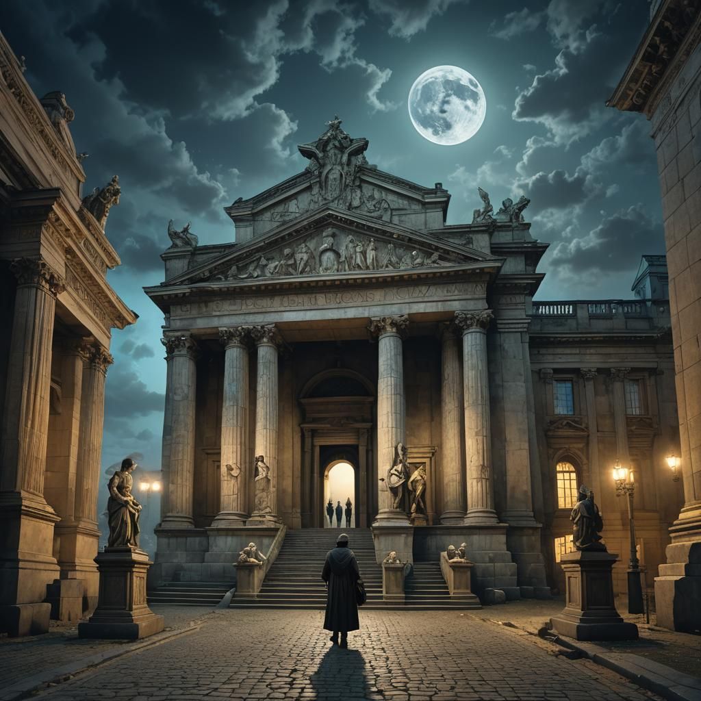 Baroque Museum Under Moonlight: Fantasy Art