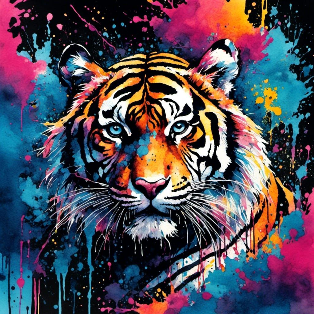 Tiger in Jungle at Night in Inkpunk Style
