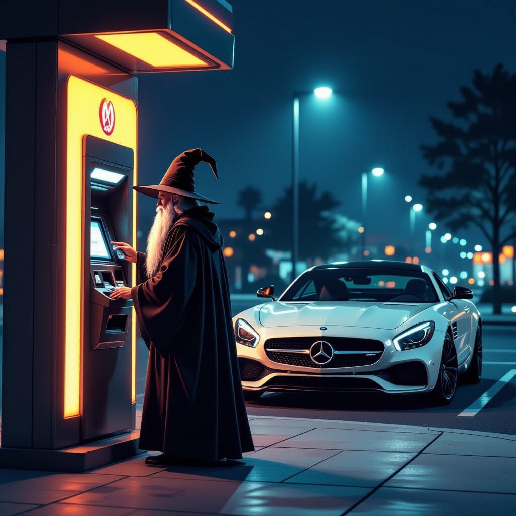 Wizard Withdraws Cash at ATM in Retro-Futuristic Style
