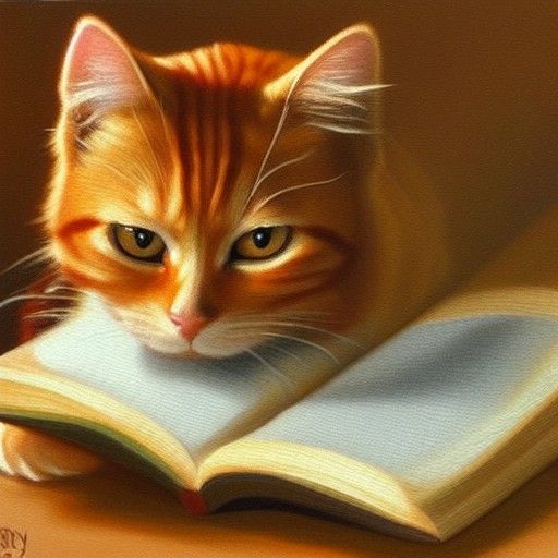 Ginger Cat and Book in Oil Painting Style