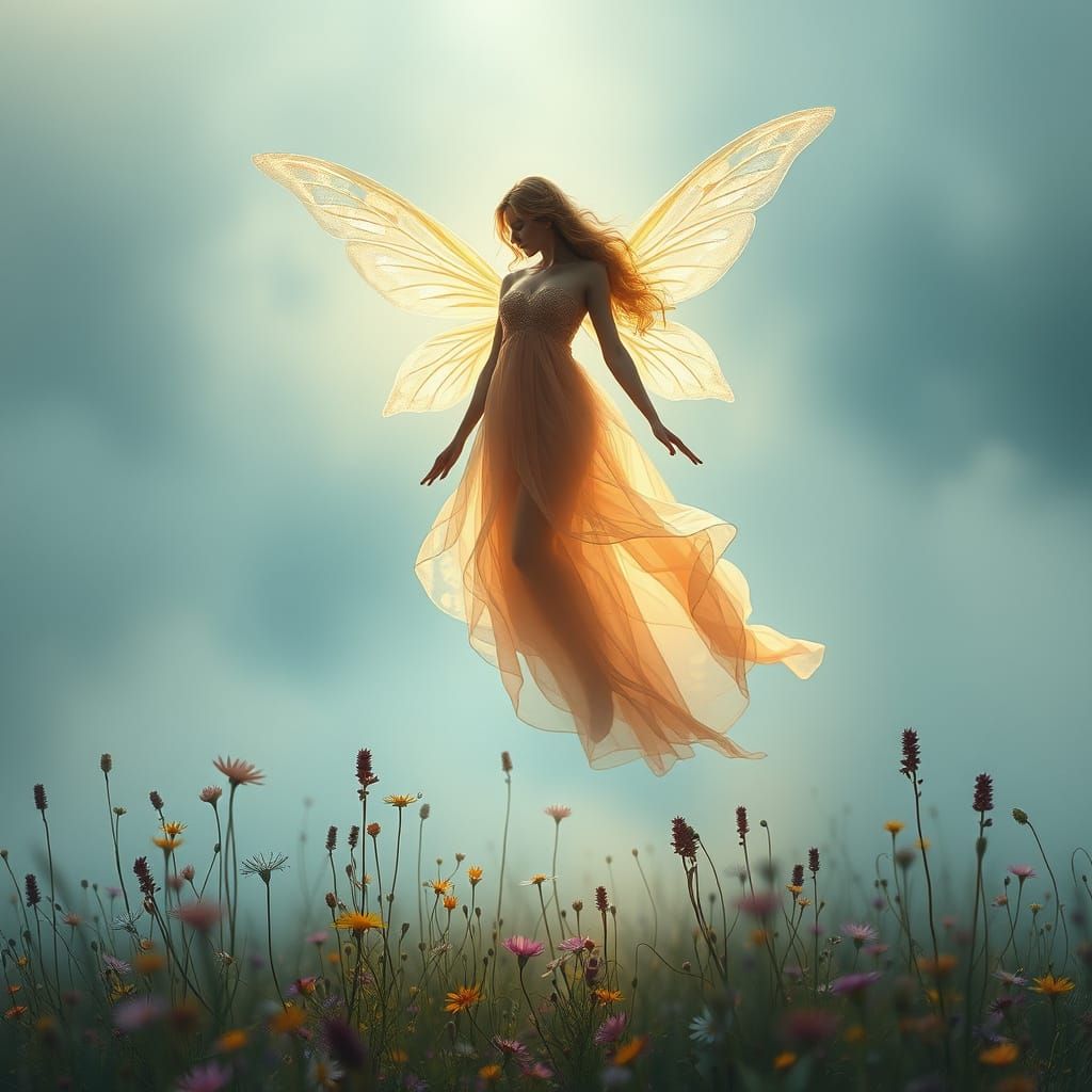 Ethereal Fairy Floating Above Wildflower Meadow