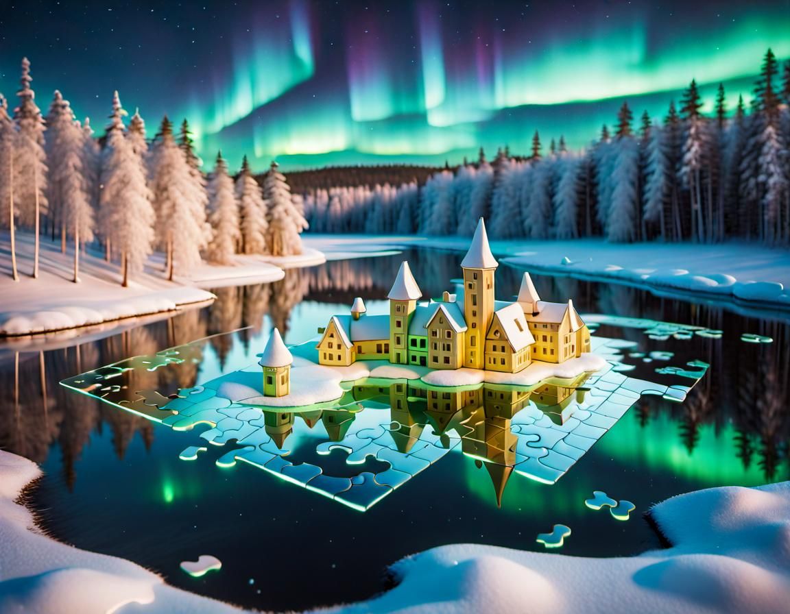 Luminescent Puzzle Island Floating Under Aurora