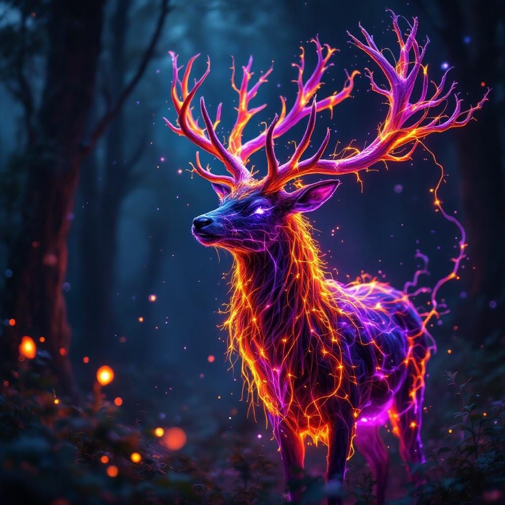 Mystical Deer with Bioluminescent Antlers in Fantasy Forest