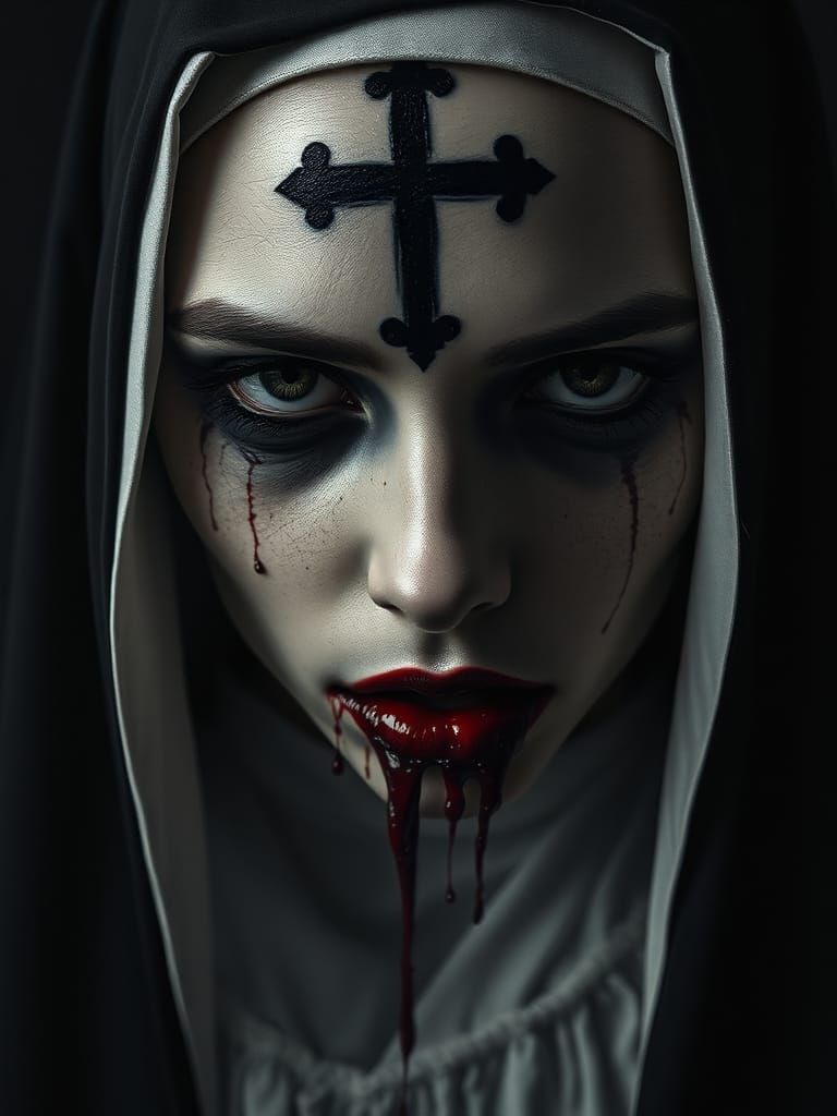 Macabre Nun Portrait in Dark Film Noir Style