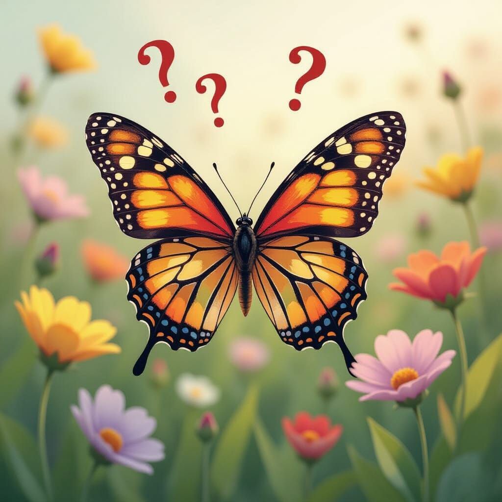 Confused Butterfly in Lush Floral Field, Watercolor Style