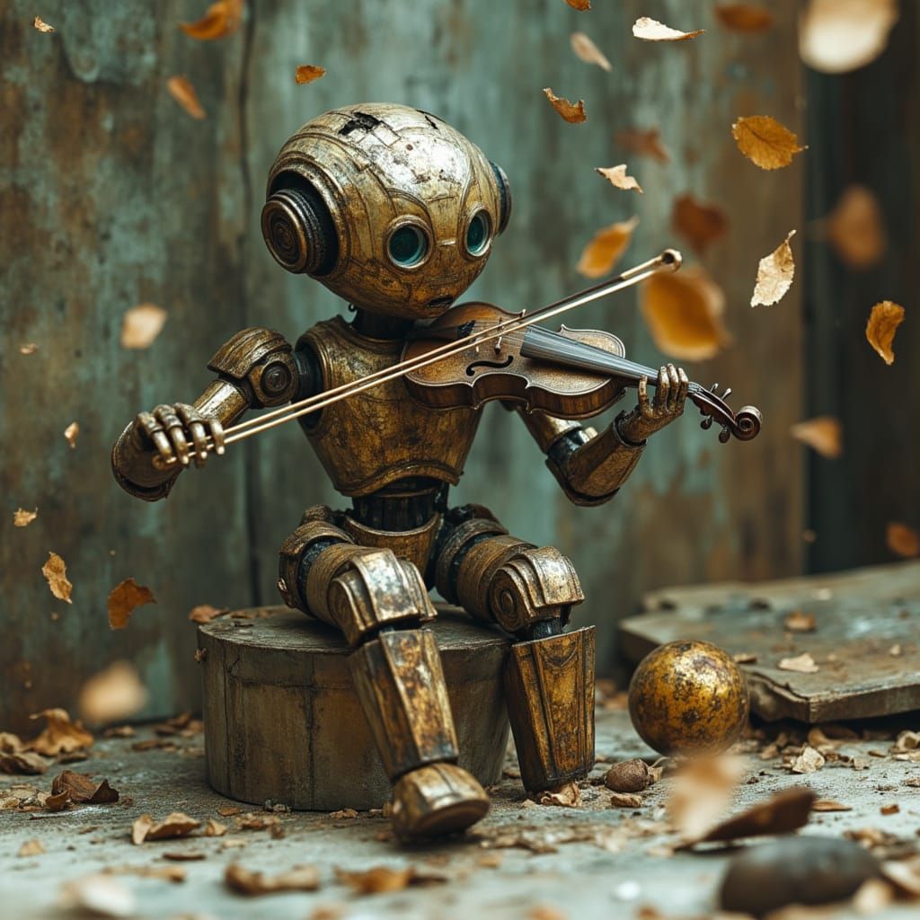 AI Robot Plays Violin Amidst Abandoned Art Tools