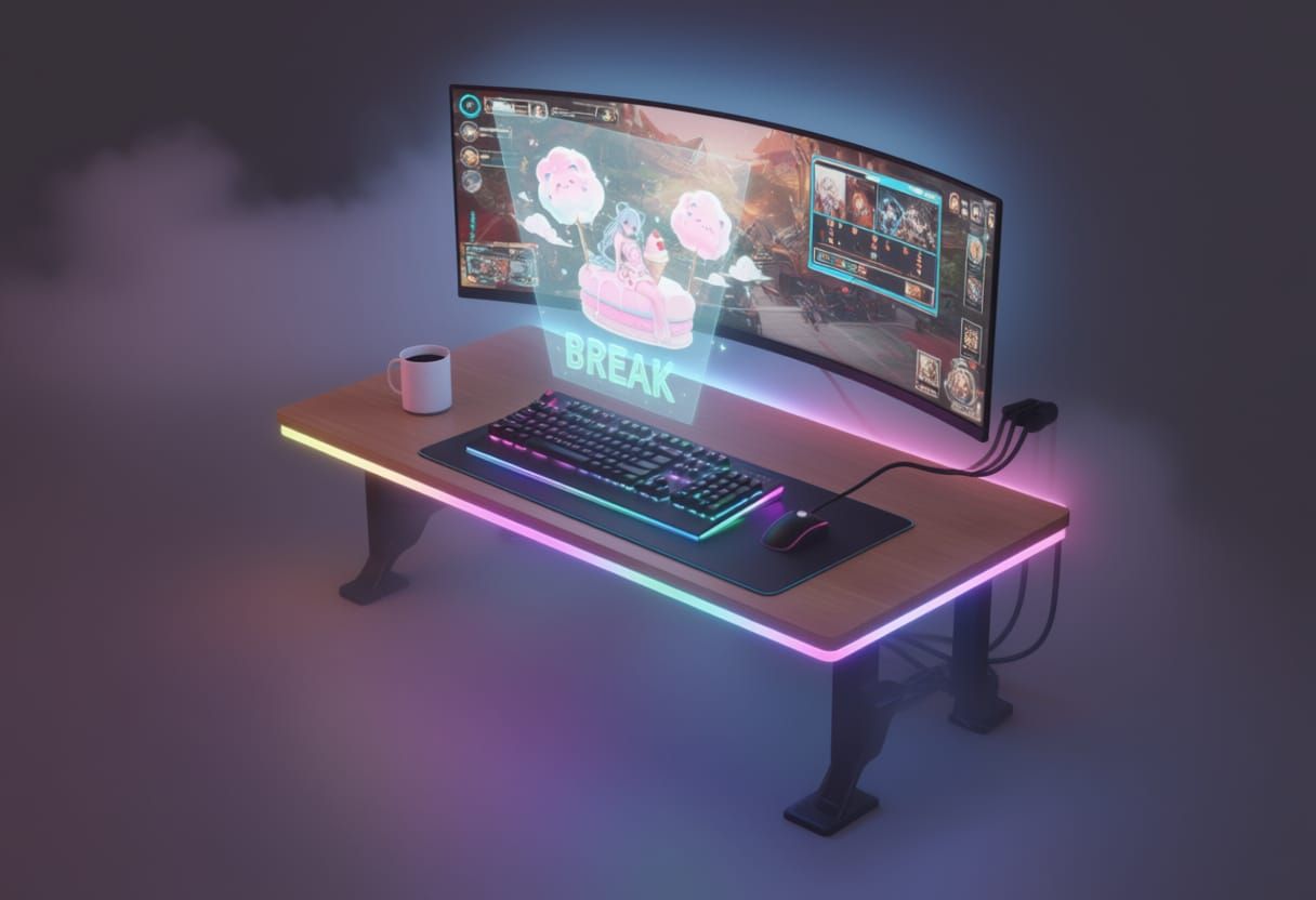 3D Isometric Desk Setup with Holographic Character