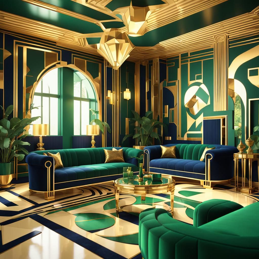 Luxurious Art Deco Living Room with Fractal Patterns