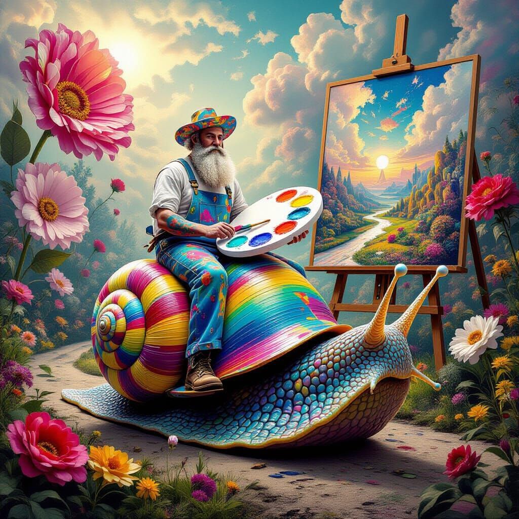 Artist Rides Giant Snail in Surreal Dreamlike Garden