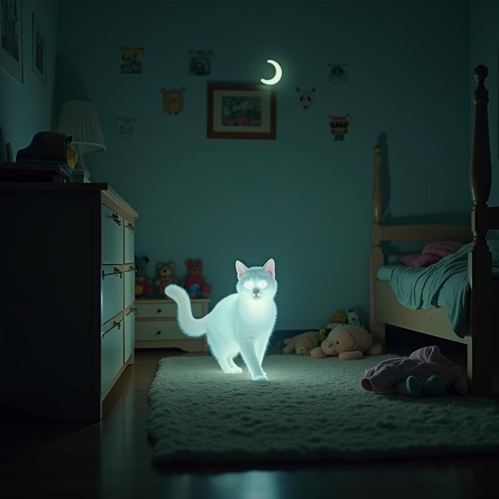 Ethereal Cat in Child's Bedroom, Cinematic Film Still